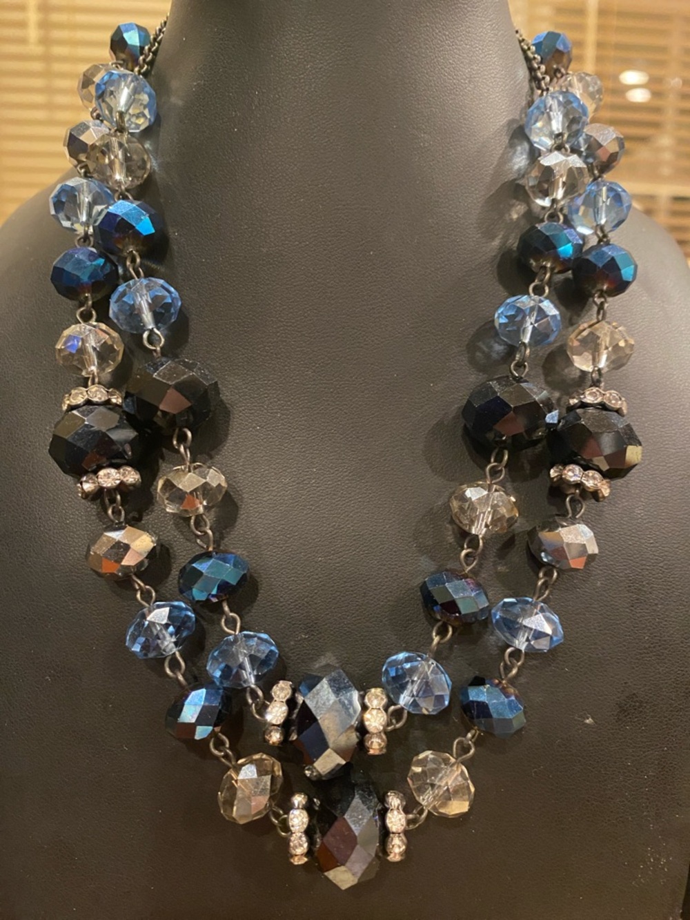 Crown Trifari Faceted Blue and Black Crystal Multi-Strand Necklace. Gunmetal